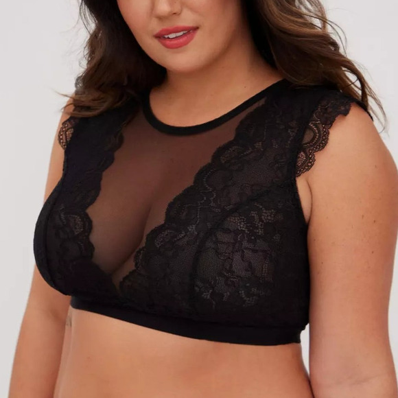 Torrid 1 (1X 14/16) Sexy Black Mesh & Lace Sheer High Neck Wireless Bralette Bra - Picture 3 of 4